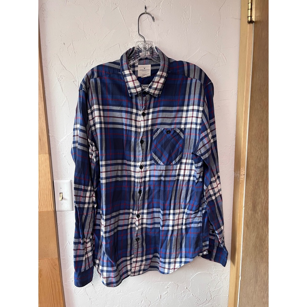 American Eagle Mens XL Classic‎ Fit Blue Plaid Long Sleeve Button Down Shirt